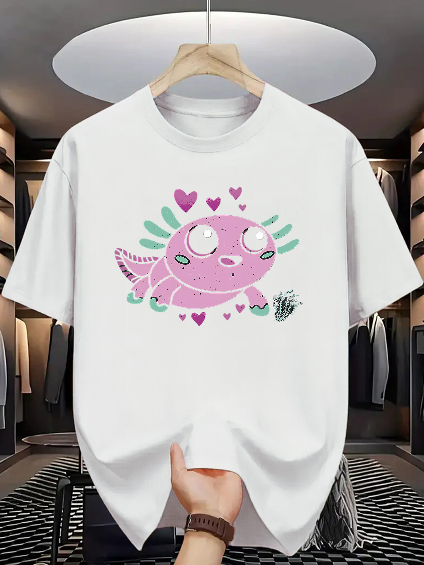 Men's Graphic T-Shirt Cartoon Pink Axolotl With Green Gill Plumes And Small Floating Hearts