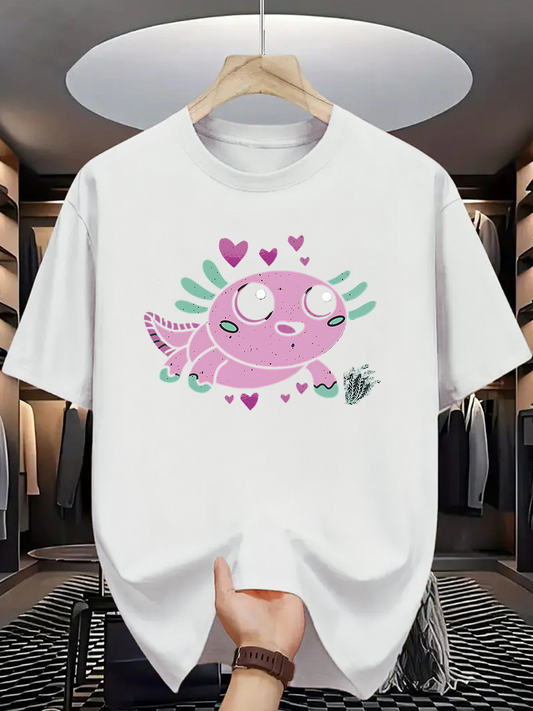 Men's Graphic T-Shirt Cartoon Pink Axolotl With Green Gill Plumes And Small Floating Hearts