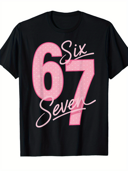 Men's Graphic T-Shirt Six Seven Pink Numbers With Script Text Over Black Shirt