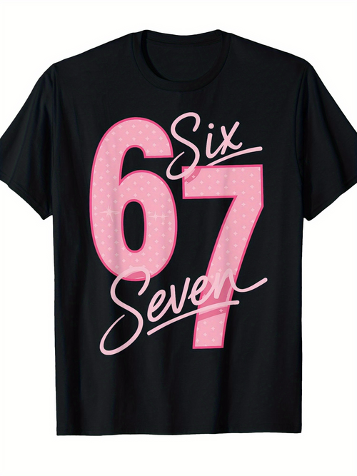 Men's Graphic T-Shirt Six Seven Pink Numbers With Script Text Over Black Shirt