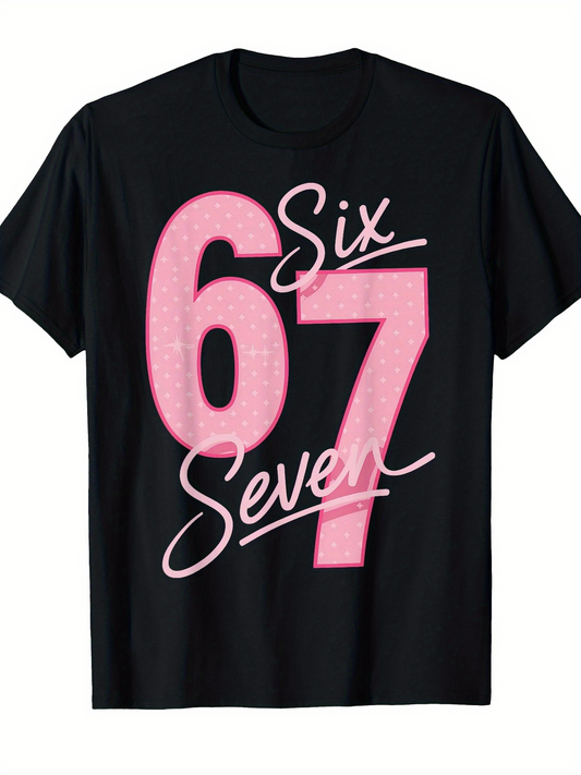 Men's Graphic T-Shirt Six Seven Pink Numbers With Script Text Over Black Shirt