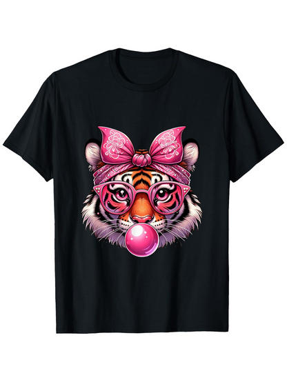 Men's Graphic T-Shirt Cute Tiger Wearing Pink Glasses And Bow Blowing Bubblegum