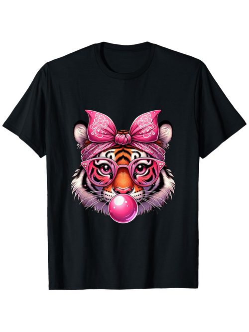 Men's Graphic T-Shirt Cute Tiger Wearing Pink Glasses And Bow Blowing Bubblegum