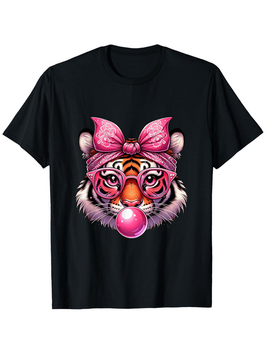Men's Graphic T-Shirt Cute Tiger Wearing Pink Glasses And Bow Blowing Bubblegum