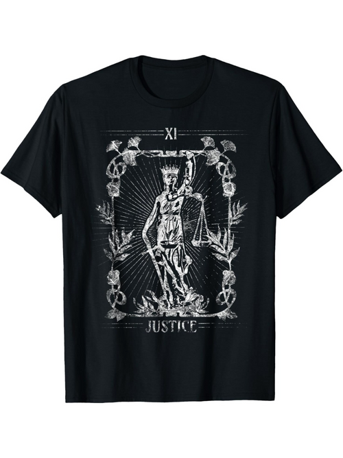 Men's Graphic T-Shirt Justice Card Surrounded By Skulls And Ornate Leaves Figure