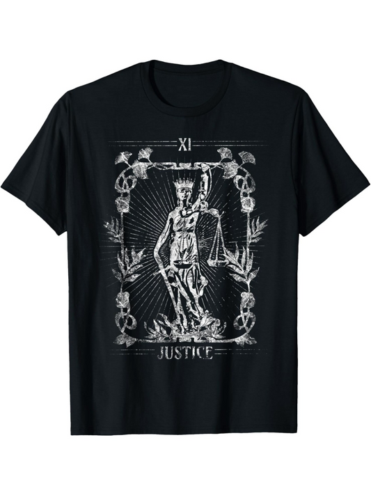 Men's Graphic T-Shirt Justice Card Surrounded By Skulls And Ornate Leaves Figure