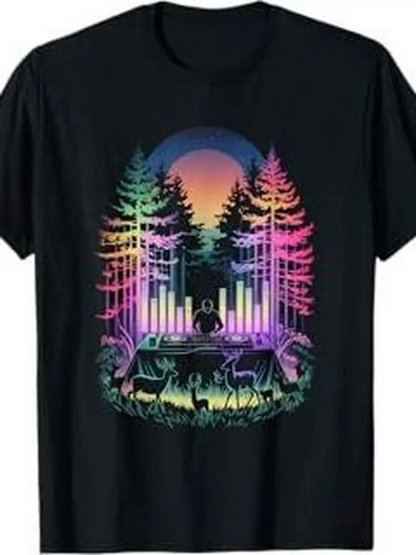 Men's Graphic T-Shirt Vibrant Neon Forest Landscape With Music DJ Surrounded By Deer