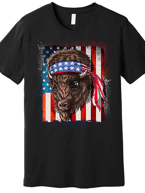 Men's Graphic T-Shirt American Flag With Star Spangled Headband Adorned Majestic Bison