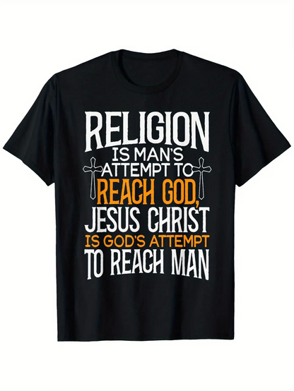 Men's Graphic T-Shirt Religion God Attempt Among Bold Letters On Black Shirt