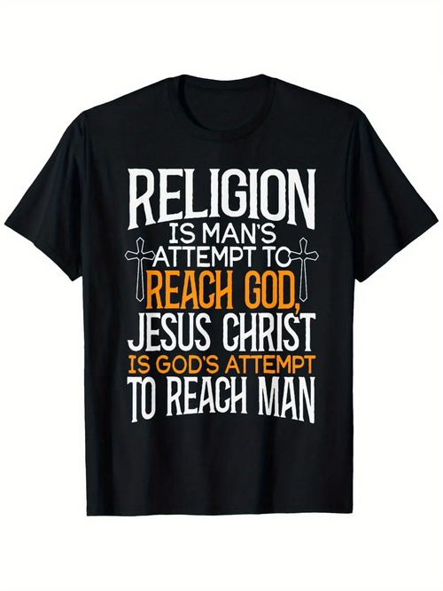 Men's Graphic T-Shirt Religion God Attempt Among Bold Letters On Black Shirt