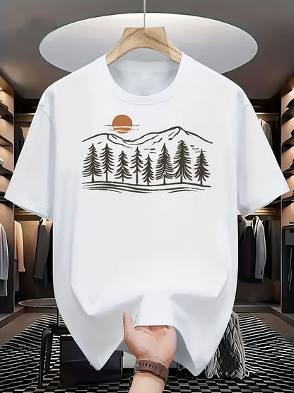 Men's Graphic T-Shirt Sunset Mountain Silhouette Forest Under Rising Sun Scene