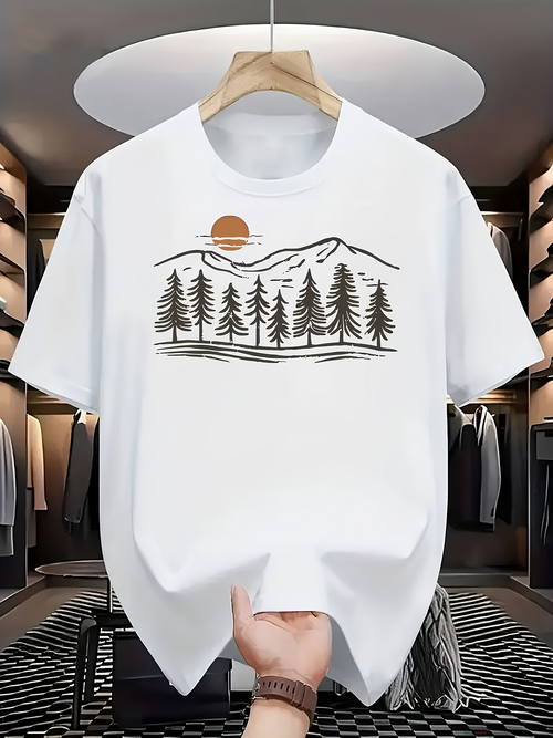 Men's Graphic T-Shirt Sunset Mountain Silhouette Forest Under Rising Sun Scene