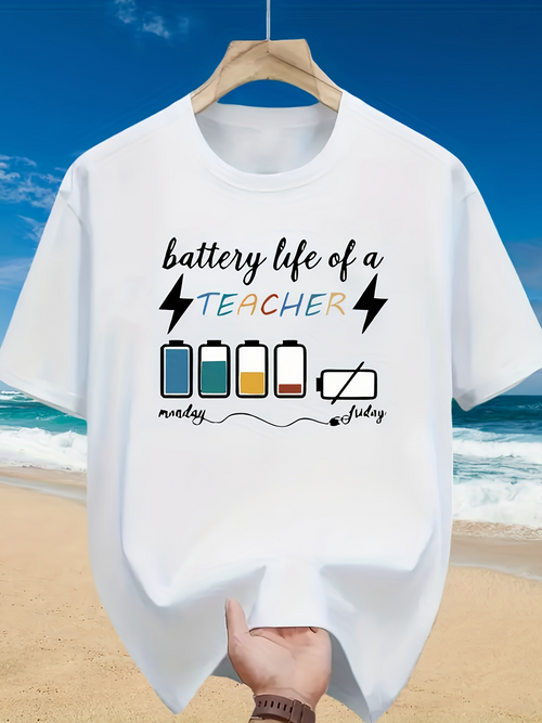 Men's Graphic T-Shirt Battery Life Of A Teacher Colorful Bars With Lightning Bolt Symbols Teacher