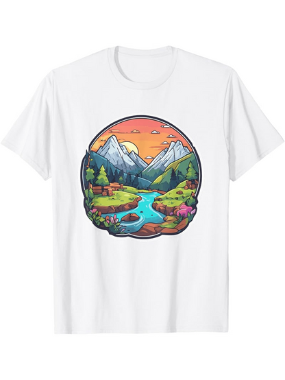 Men's Graphic T-Shirt Peaceful River Flowing Under Sunset With Majestic Snowy Mountains Landscape