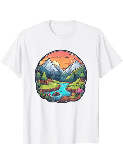 Men's Graphic T-Shirt Peaceful River Flowing Under Sunset With Majestic Snowy Mountains Landscape