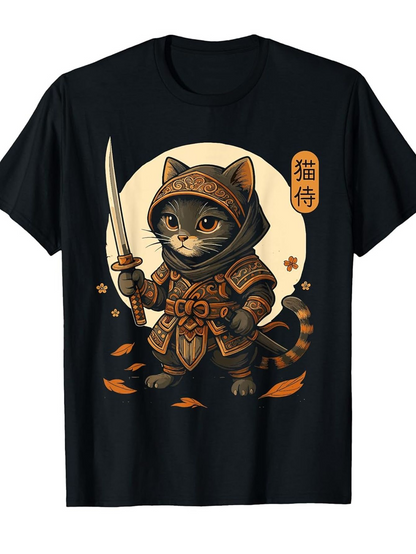 Men's Graphic T-Shirt Mystical Autumn Night Warrior Cat In Vibrant Armor With Sword