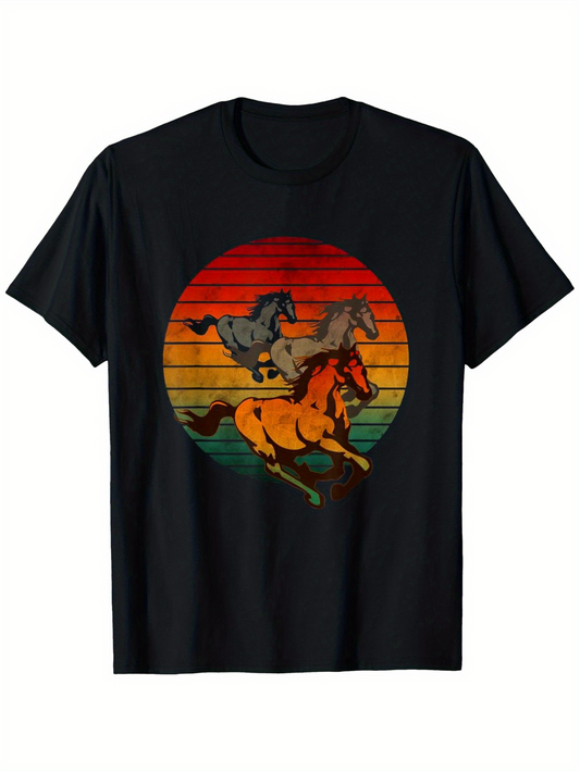 Men's Graphic T-Shirt Galloping Wild Horses Against Retro Sunset Backdrop