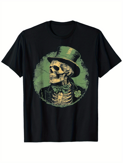 Men's Graphic T-Shirt Vintage Gentle Skeleton With Green Top Hat And Bow Tie Surrounded By Shamrock