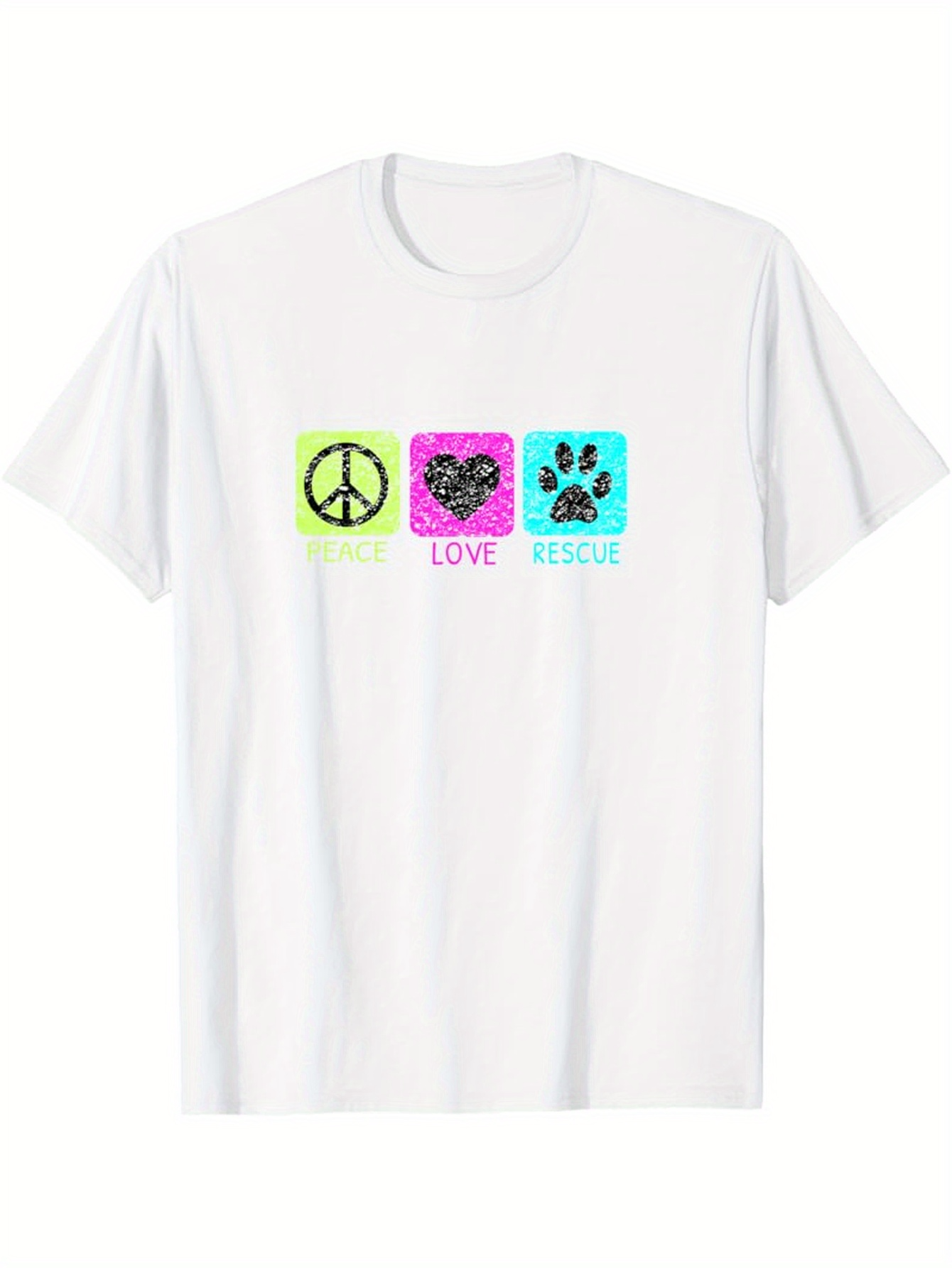 Men's Graphic T-Shirt Peace And Love With Paw Print Surrounded By Neon Rescue Symbols