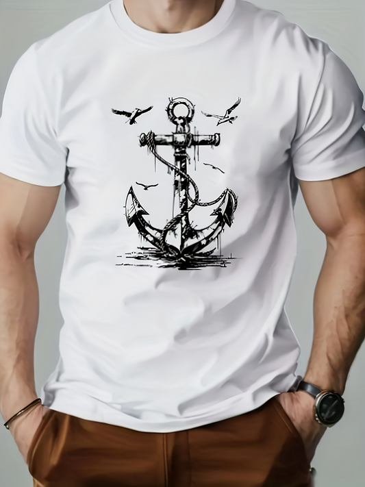 Men's Graphic T-Shirt Vintage Nautical Sketch With Birds Anchored Dockside Anchor