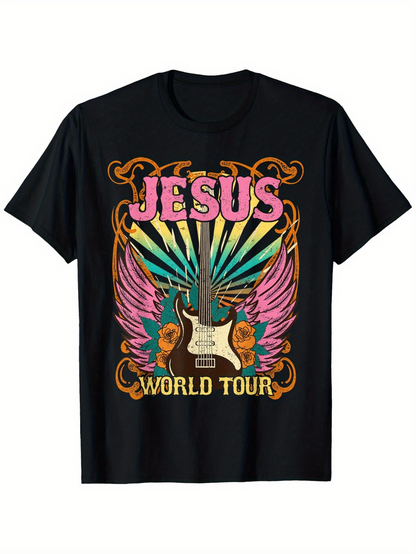 Men's Graphic T-Shirt Jesus World Tour Retro Guitar With Colorful Wings Blossoming Flower