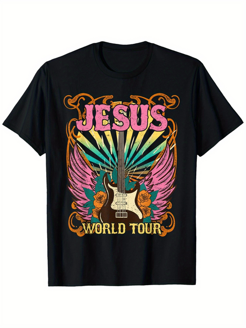 Men's Graphic T-Shirt Jesus World Tour Retro Guitar With Colorful Wings Blossoming Flower