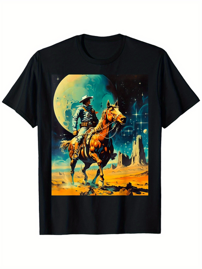 Men's Graphic T-Shirt Lone Cowboy Riding Horse Under Full Moon Desert Night