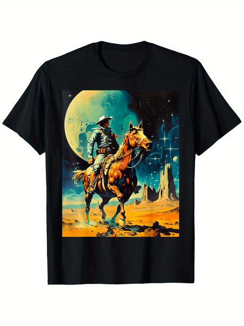 Men's Graphic T-Shirt Lone Cowboy Riding Horse Under Full Moon Desert Night