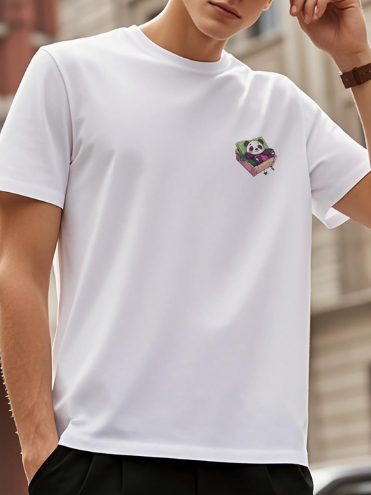 Men's Graphic T-Shirt Playful Panda Resting On A Cozy Book In Soft White Tee Panda