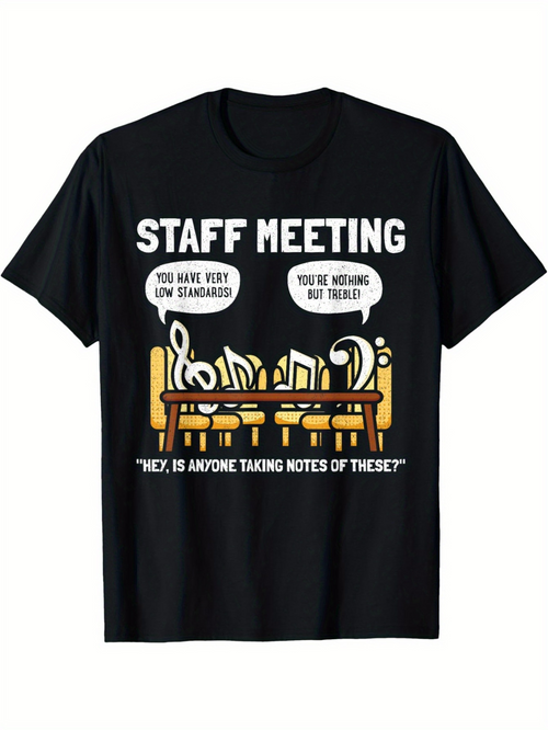 Men's Graphic T-Shirt Staff Meeting Cartoon Music Notes Around Conference Table