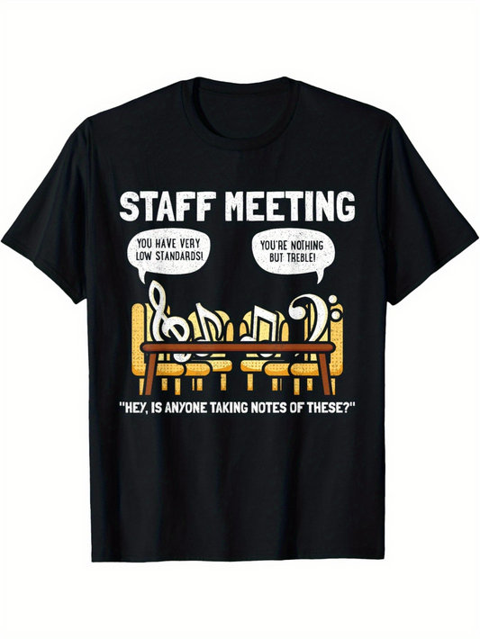 Men's Graphic T-Shirt Staff Meeting Cartoon Music Notes Around Conference Table