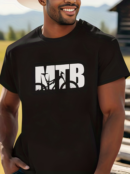 Men's Graphic T-Shirt MTB Silhouette Rider Pedaling Among Large Block Letters Landscape