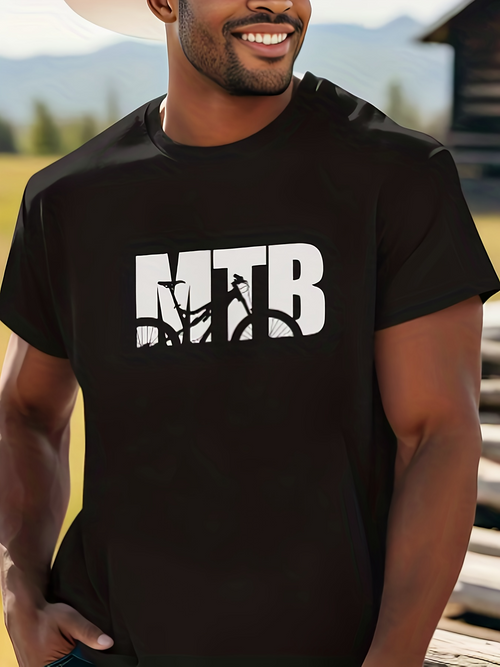 Men's Graphic T-Shirt MTB Silhouette Rider Pedaling Among Large Block Letters Landscape