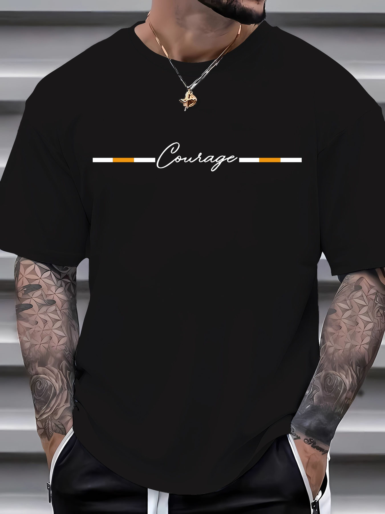 Men's Graphic T-Shirt Simple Horizontal Stripes With Handwritten Courage Word Central Lettering