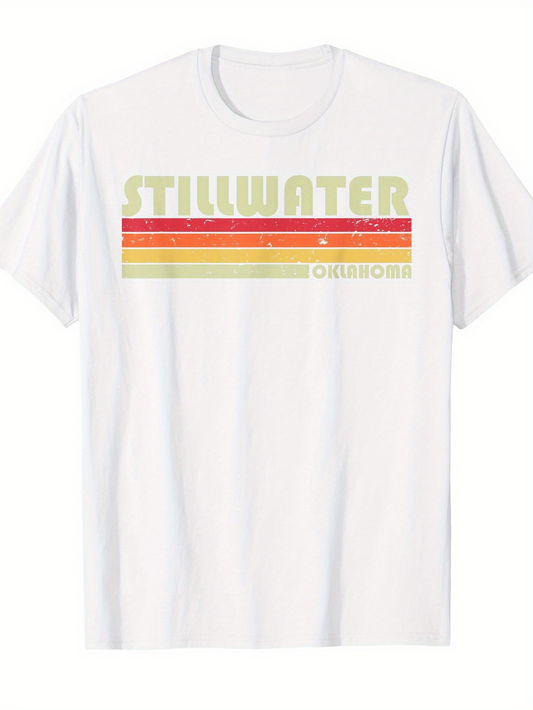 Men's Graphic T-Shirt Stillwater Faded Retro Colored Stripes With Vintage Oklahoma Text