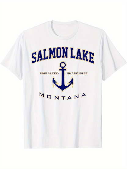 Men's Graphic T-Shirt Salmon Lake Unsalted Shake Free Montana Above Nautical Anchor Symbol