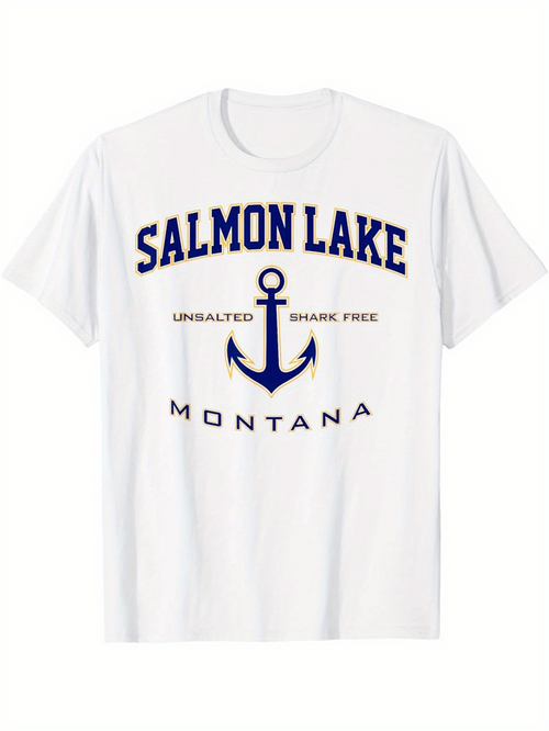 Men's Graphic T-Shirt Salmon Lake Unsalted Shake Free Montana Above Nautical Anchor Symbol