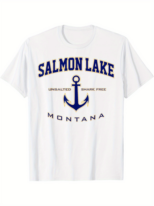 Men's Graphic T-Shirt Salmon Lake Unsalted Shake Free Montana Above Nautical Anchor Symbol