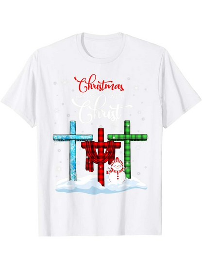 Men's Graphic T-Shirt Christmas Glow With Plaid Patterned Crosses On Snow