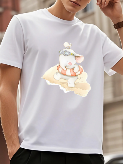 Men's Graphic T-Shirt Adventurous Bear With Pilot Cap Sitting On Sand Beach Bear