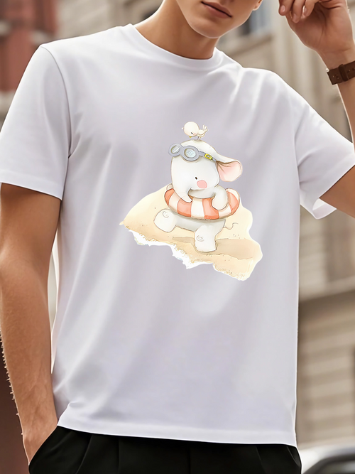 Men's Graphic T-Shirt Adventurous Bear With Pilot Cap Sitting On Sand Beach Bear