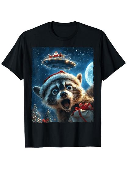 Men's Graphic T-Shirt Festive Night With Christmas Hat Raccoon Beneath A Glowing Moon