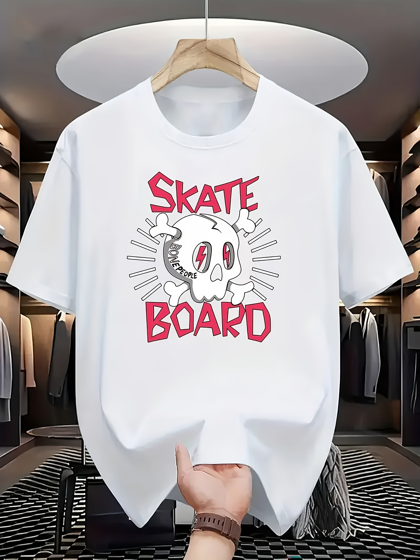 Men's Graphic T-Shirt Skate Board Cartoon Skull Art With Red Handdrawn Lettering Skull