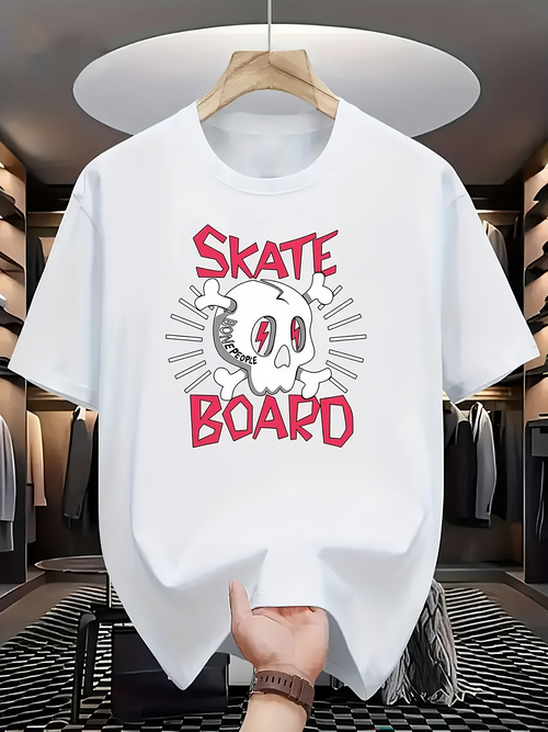 Men's Graphic T-Shirt Skate Board Cartoon Skull Art With Red Handdrawn Lettering Skull