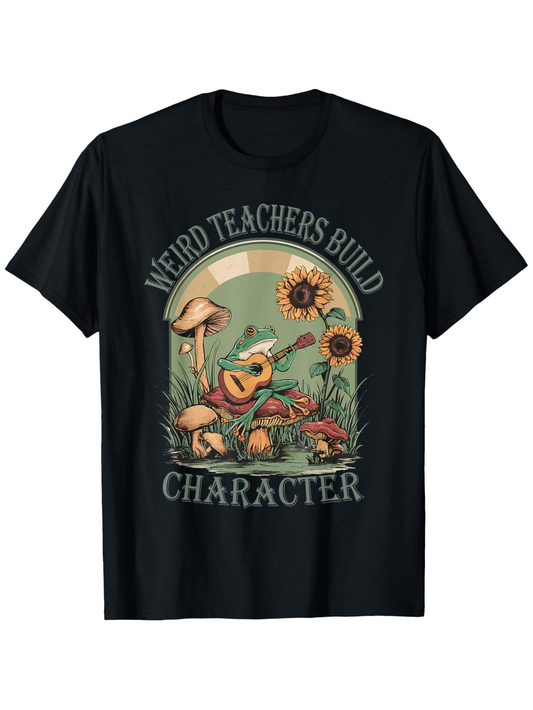 Men's Graphic T-Shirt Weird Teachers Build Character Funky Frog With Guitar And Sunflowers Among Mushrooms