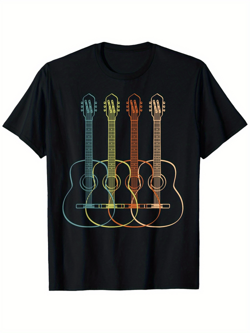 Men's Graphic T-Shirt Colorful Overlapping Outline Guitars On Soft Black Shirt Guitar