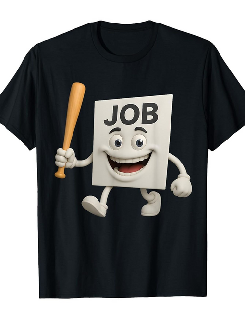 Men's Graphic T-Shirt Cheerful Cartoon With Baseball Bat And Animated Job Sign