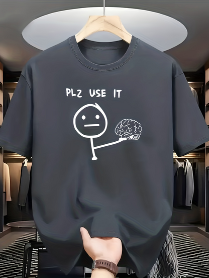 Men's Graphic T-Shirt Plz Use It Funny Stick Figure Holding Brain