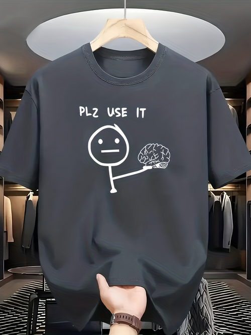 Men's Graphic T-Shirt Plz Use It Funny Stick Figure Holding Brain
