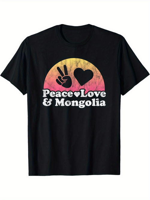 Men's Graphic T-Shirt Peace Love Mongolia Sunset Gradient With Heart And Bold Peace Hand Gesture